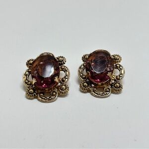 Marino, Vintage Gold And Purple Glass Cabochon Earrings, Clips, Marino 1932-1978